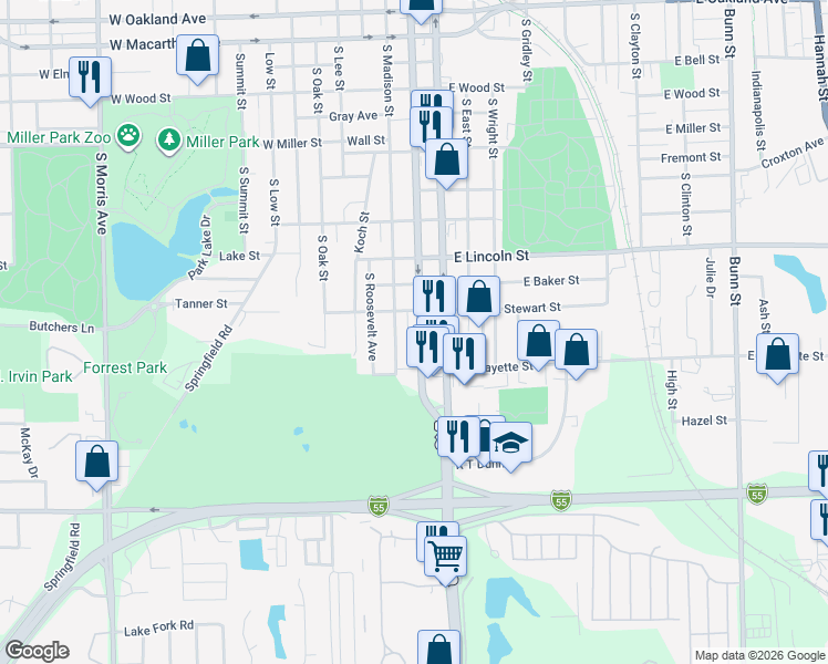 map of restaurants, bars, coffee shops, grocery stores, and more near 1513 South Main Street in Bloomington