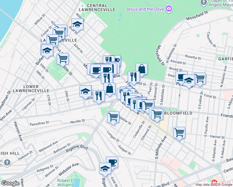 map of restaurants, bars, coffee shops, grocery stores, and more near in Pittsburgh