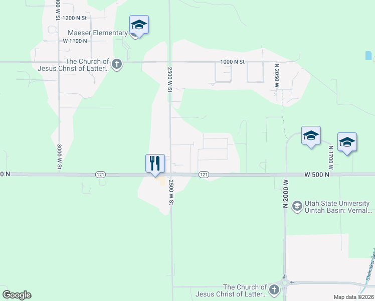 map of restaurants, bars, coffee shops, grocery stores, and more near 591 North 2425 West in Vernal