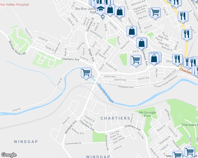 map of restaurants, bars, coffee shops, grocery stores, and more near 19 Singer Avenue in McKees Rocks