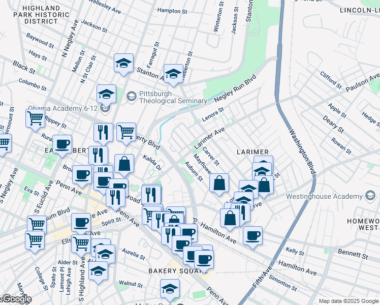 map of restaurants, bars, coffee shops, grocery stores, and more near 249 Larimer Avenue in Pittsburgh