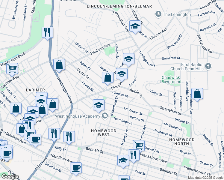 map of restaurants, bars, coffee shops, grocery stores, and more near 6904 Chaucer Street in Pittsburgh