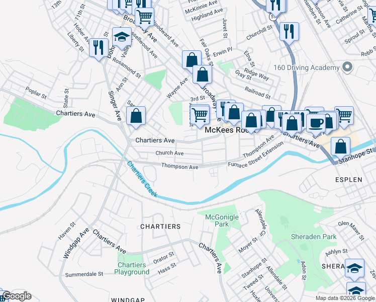 map of restaurants, bars, coffee shops, grocery stores, and more near 1147 Church Avenue in McKees Rocks