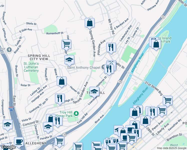 map of restaurants, bars, coffee shops, grocery stores, and more near 1501 Spring Garden Avenue in Pittsburgh