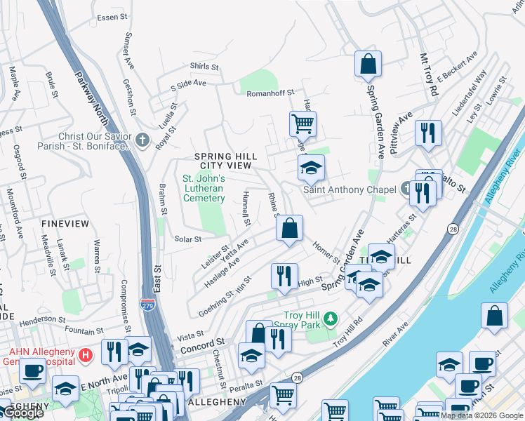 map of restaurants, bars, coffee shops, grocery stores, and more near 1701 Rhine Street in Pittsburgh