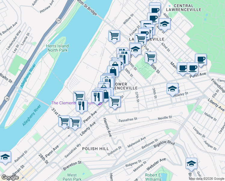 map of restaurants, bars, coffee shops, grocery stores, and more near in Pittsburgh