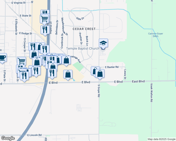 map of restaurants, bars, coffee shops, grocery stores, and more near 2405 Saratoga Avenue in Kokomo