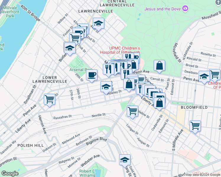 map of restaurants, bars, coffee shops, grocery stores, and more near 4024 Mintwood Street in Pittsburgh