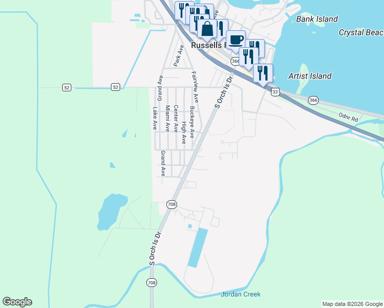 map of restaurants, bars, coffee shops, grocery stores, and more near 848-896 S Orchard Island Rd in Russells Point