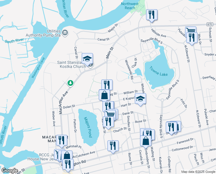 map of restaurants, bars, coffee shops, grocery stores, and more near 174 Main Street in Sayreville