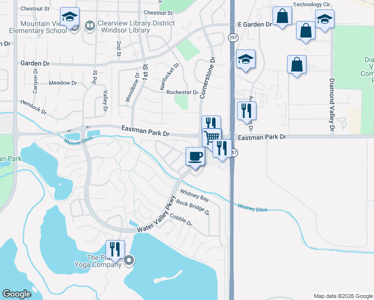 map of restaurants, bars, coffee shops, grocery stores, and more near 1357 Windjammer Drive in Windsor