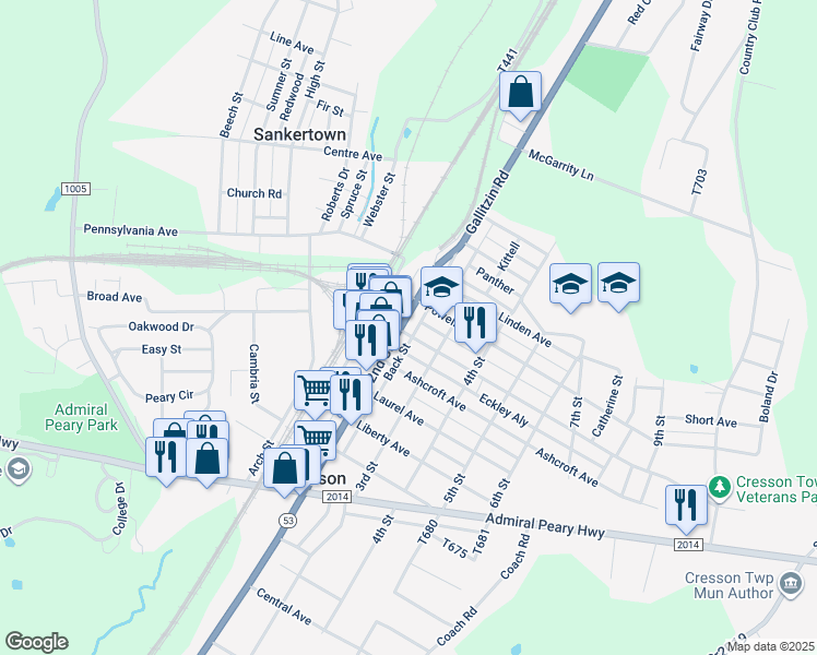 map of restaurants, bars, coffee shops, grocery stores, and more near 200-208 Keystone Avenue in Cresson