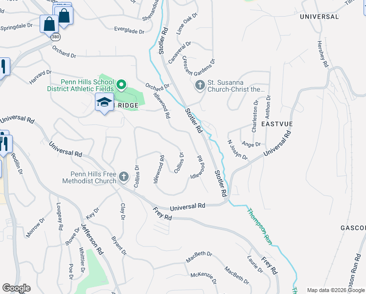 map of restaurants, bars, coffee shops, grocery stores, and more near 380 Collins Drive in Pittsburgh