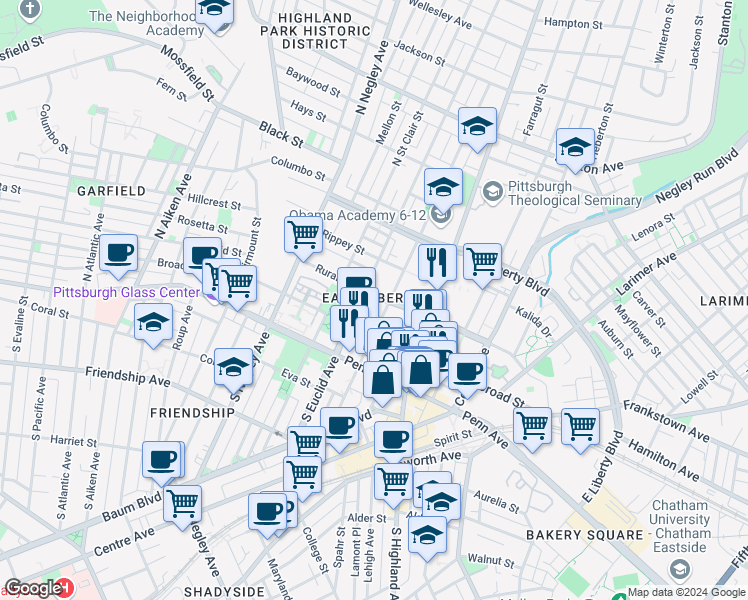 map of restaurants, bars, coffee shops, grocery stores, and more near in Pittsburgh