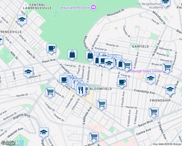 map of restaurants, bars, coffee shops, grocery stores, and more near 224 South Millvale Avenue in Pittsburgh