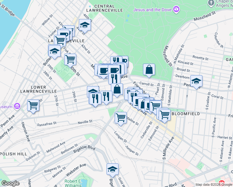 map of restaurants, bars, coffee shops, grocery stores, and more near 4072 Howley Street in Pittsburgh