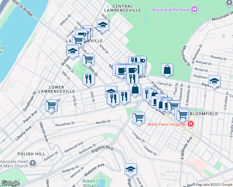 map of restaurants, bars, coffee shops, grocery stores, and more near 4039 Howley Street in Pittsburgh