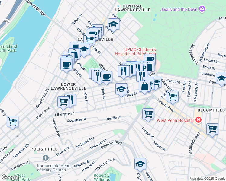 map of restaurants, bars, coffee shops, grocery stores, and more near 3918 Mintwood Street in Pittsburgh
