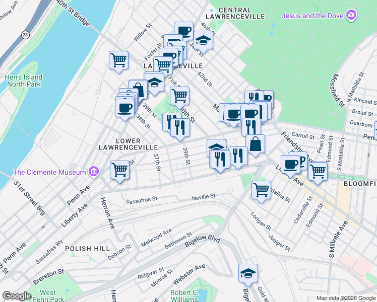 map of restaurants, bars, coffee shops, grocery stores, and more near 3918 Mintwood Street in Pittsburgh
