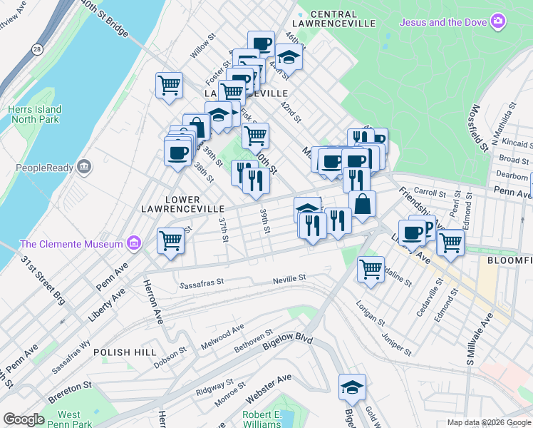 map of restaurants, bars, coffee shops, grocery stores, and more near 3918 Mintwood Street in Pittsburgh