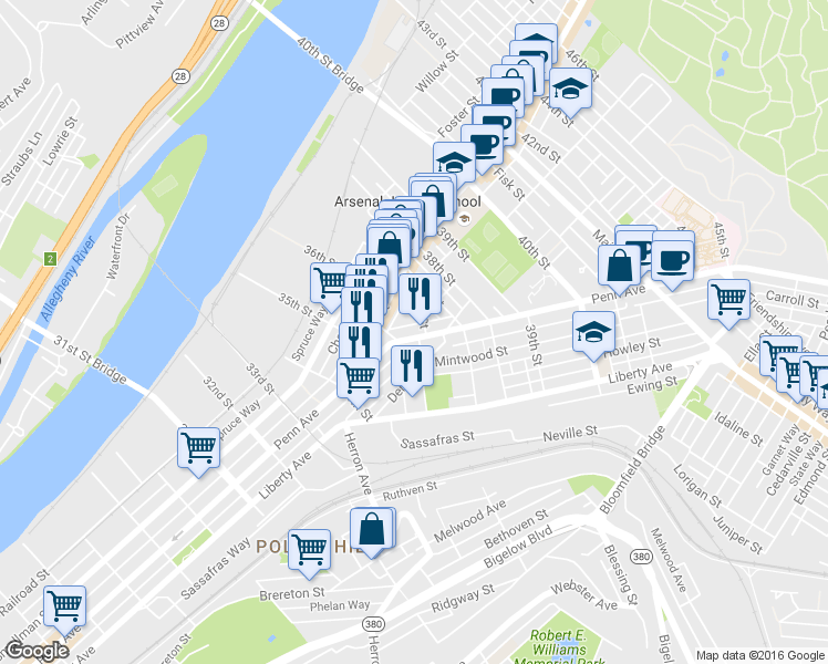map of restaurants, bars, coffee shops, grocery stores, and more near 3502 Penn Avenue in Pittsburgh