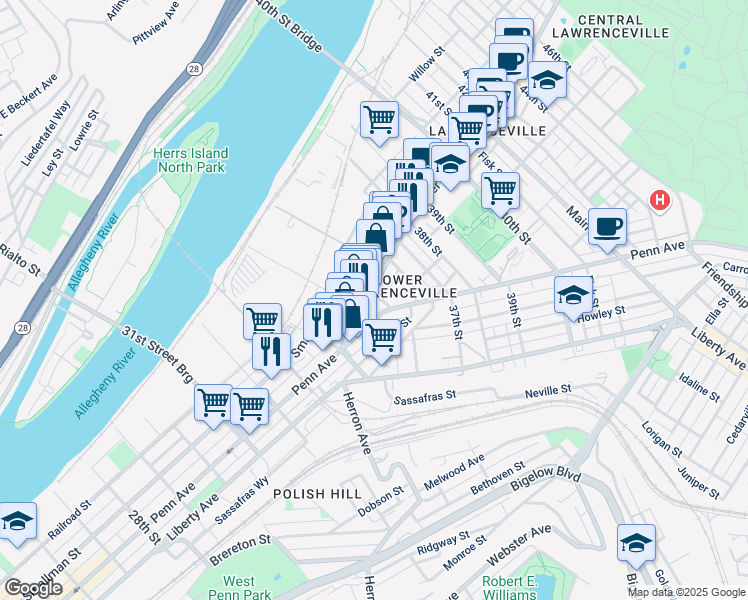 map of restaurants, bars, coffee shops, grocery stores, and more near in Pittsburgh
