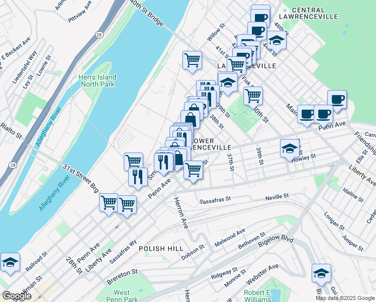 map of restaurants, bars, coffee shops, grocery stores, and more near in Pittsburgh