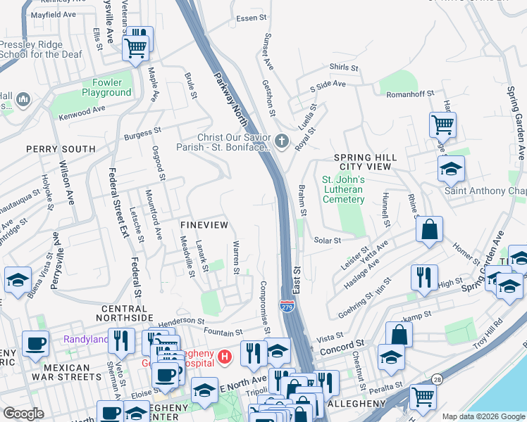 map of restaurants, bars, coffee shops, grocery stores, and more near 645 Rising Main Avenue in Pittsburgh