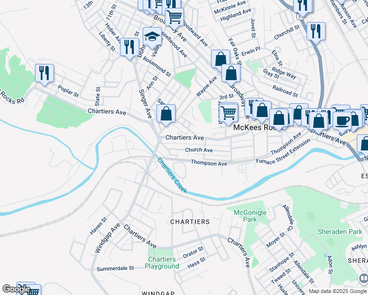 map of restaurants, bars, coffee shops, grocery stores, and more near 1221 Church Avenue in McKees Rocks