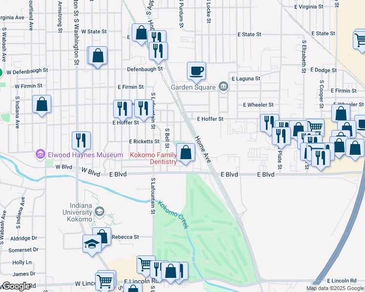 map of restaurants, bars, coffee shops, grocery stores, and more near 601 East Ricketts Street in Kokomo
