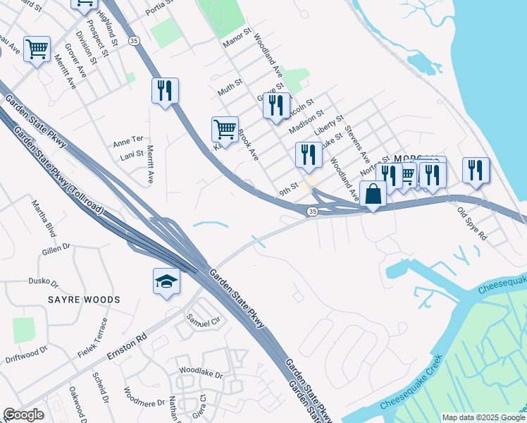 map of restaurants, bars, coffee shops, grocery stores, and more near 1965 New Jersey 35 in South Amboy