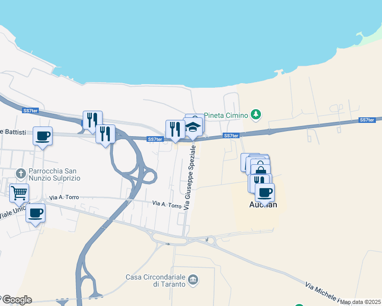map of restaurants, bars, coffee shops, grocery stores, and more near 6 Via Giuseppe Speziale in Taranto