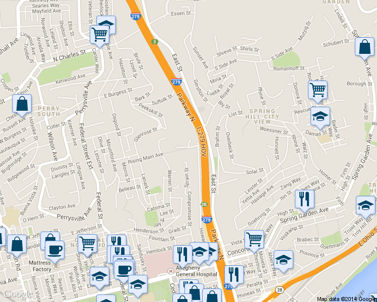 map of restaurants, bars, coffee shops, grocery stores, and more near 645 Rising Main Avenue in Pittsburgh