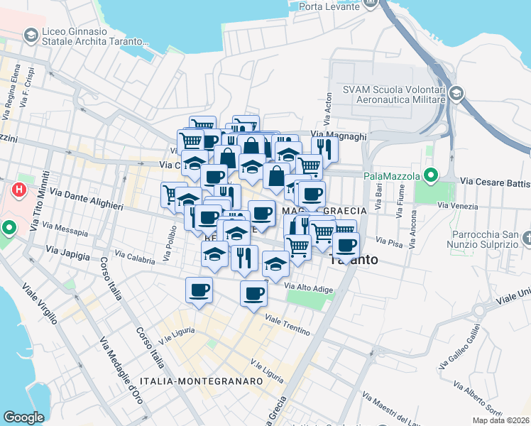 map of restaurants, bars, coffee shops, grocery stores, and more near 8 Via Siracusa in Taranto