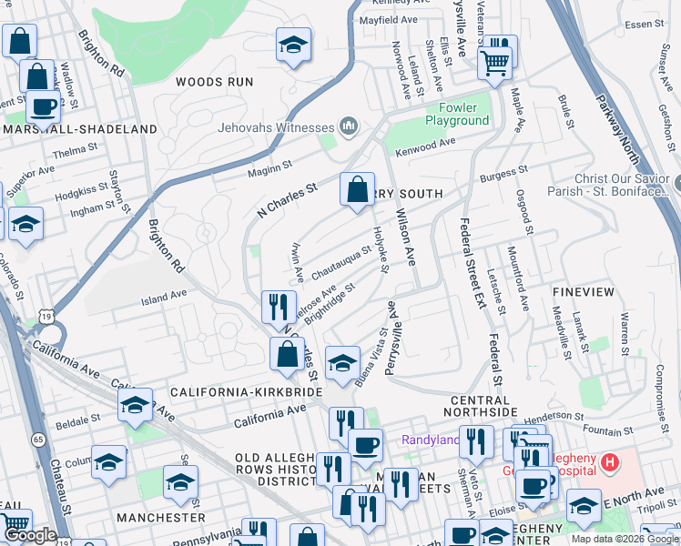 map of restaurants, bars, coffee shops, grocery stores, and more near 537 Chautauqua Street in Pittsburgh