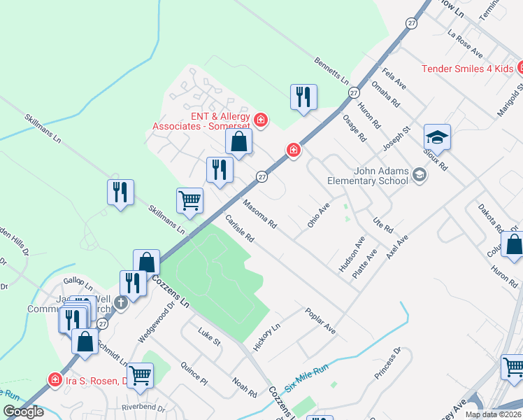 map of restaurants, bars, coffee shops, grocery stores, and more near 1466 Masoma Road in North Brunswick Township