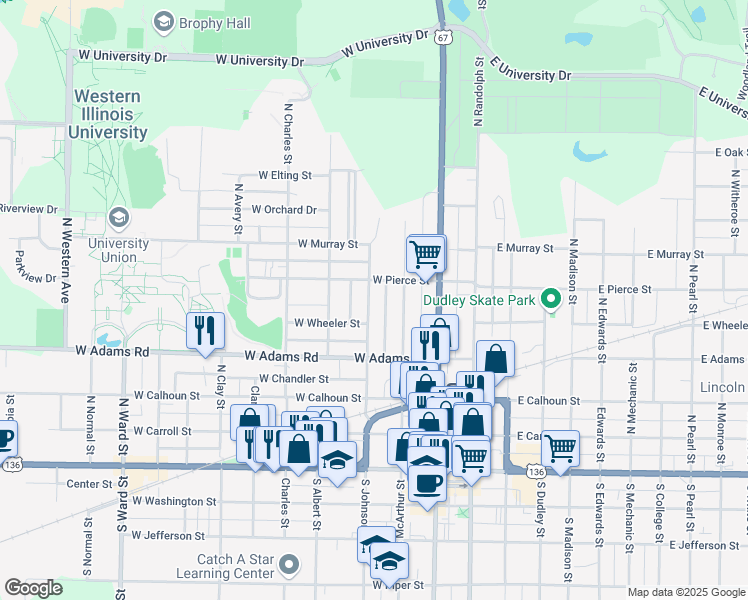 map of restaurants, bars, coffee shops, grocery stores, and more near 523 North Johnson Street in Macomb