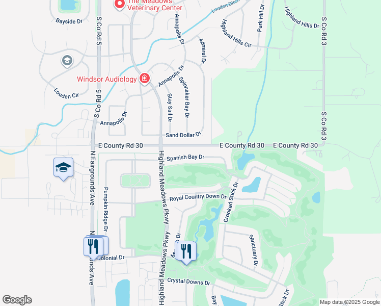 map of restaurants, bars, coffee shops, grocery stores, and more near 6763 Spanish Bay Drive in Windsor