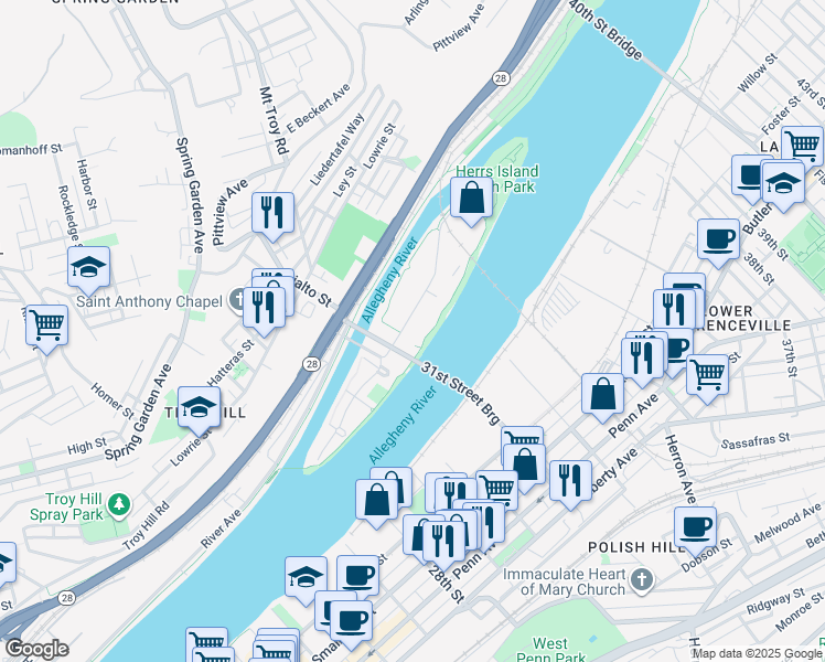 map of restaurants, bars, coffee shops, grocery stores, and more near in Pittsburgh