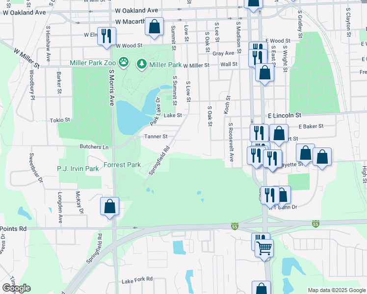 map of restaurants, bars, coffee shops, grocery stores, and more near 1706 Springfield Road in Bloomington