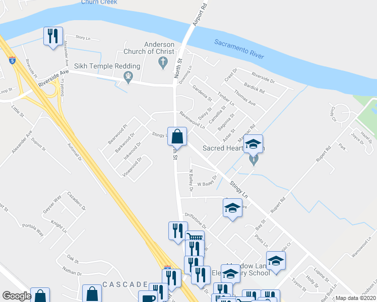 map of restaurants, bars, coffee shops, grocery stores, and more near 3386 Stingy Lane in Anderson