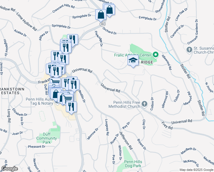 map of restaurants, bars, coffee shops, grocery stores, and more near 233 Universal Road in Pittsburgh