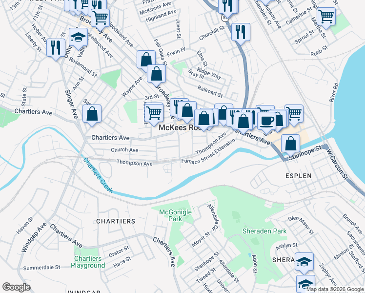 map of restaurants, bars, coffee shops, grocery stores, and more near 312 Thompson Avenue in McKees Rocks