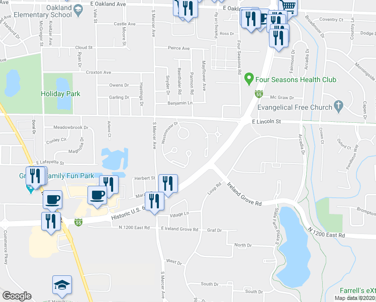 map of restaurants, bars, coffee shops, grocery stores, and more near Westminster Drive in Bloomington