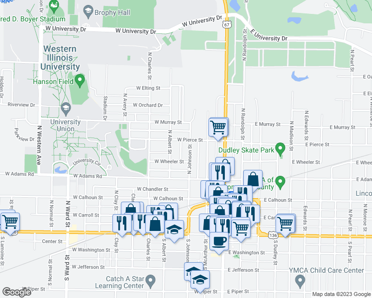 map of restaurants, bars, coffee shops, grocery stores, and more near 524 North Johnson Street in Macomb