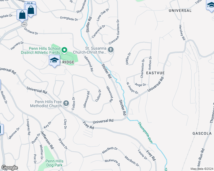 map of restaurants, bars, coffee shops, grocery stores, and more near 459 Idlewood Road in Penn Hills
