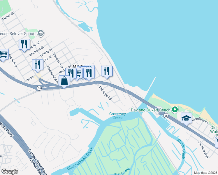 map of restaurants, bars, coffee shops, grocery stores, and more near 1 1st Street in South Amboy