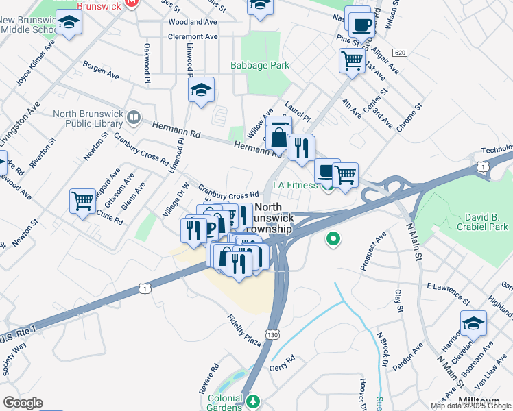 map of restaurants, bars, coffee shops, grocery stores, and more near 841 Georges Rd in North Brunswick Township