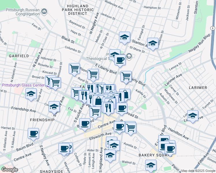 map of restaurants, bars, coffee shops, grocery stores, and more near 5949 Penn Cir N in Pittsburgh