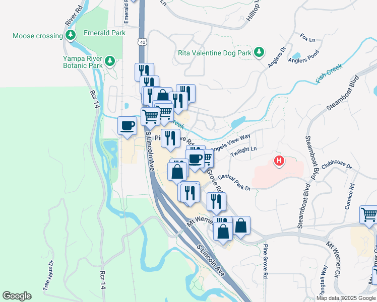 map of restaurants, bars, coffee shops, grocery stores, and more near 500 Ore House Plaza in Steamboat Springs